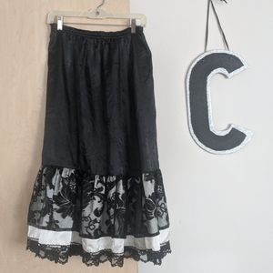 Vintage Satin and Lace Long Skirt with Ruffle M